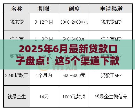 2025年6月最新贷款口子盘点！这5个渠道下款快、利率低