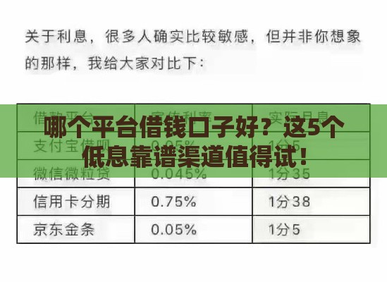 哪个平台借钱口子好？这5个低息靠谱渠道值得试！