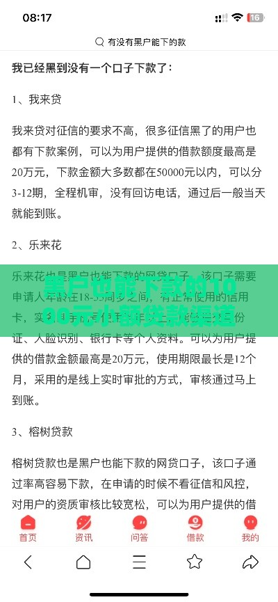 黑户也能下款的1000元小额贷款渠道