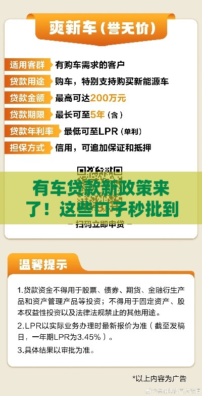 有车贷款新政策来了！这些口子秒批到账，车主速看！