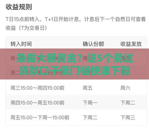 急需大额资金？这5个易过贷款口子低门槛快速下款攻略！
