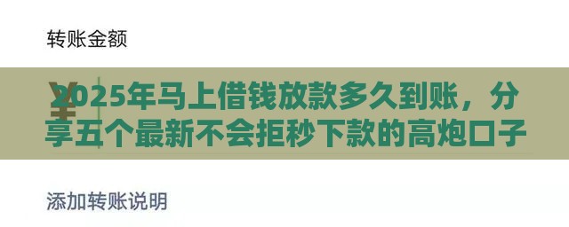 2025年马上借钱放款多久到账，分享五个最新不会拒秒下款的高炮口子