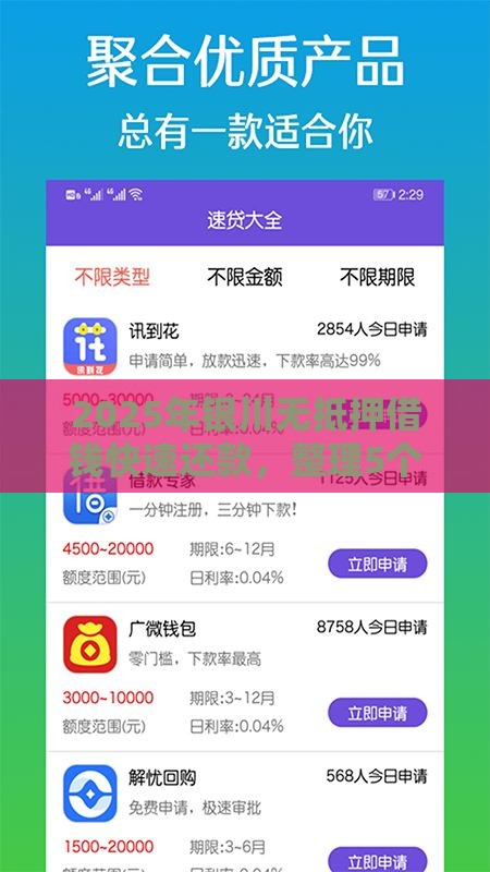 2025年银川无抵押借钱快速还款，整理5个最新手机上平台好借钱