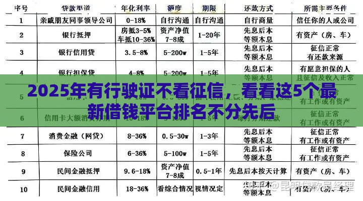 2025年有行驶证不看征信，看看这5个最新借钱平台排名不分先后