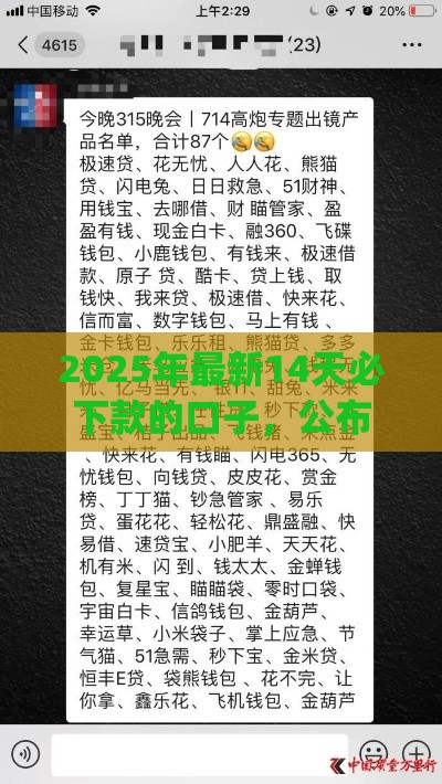 2025年最新14天必下款的口子，公布5个高炮贷款app平台
