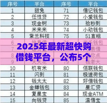 2025年最新超快购借钱平台，公布5个62岁网贷平台
