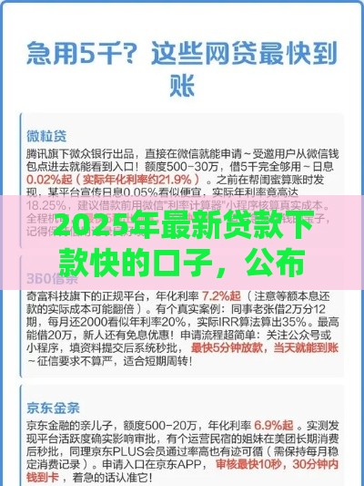 2025年最新贷款下款快的口子，公布5个不用征信放款平台